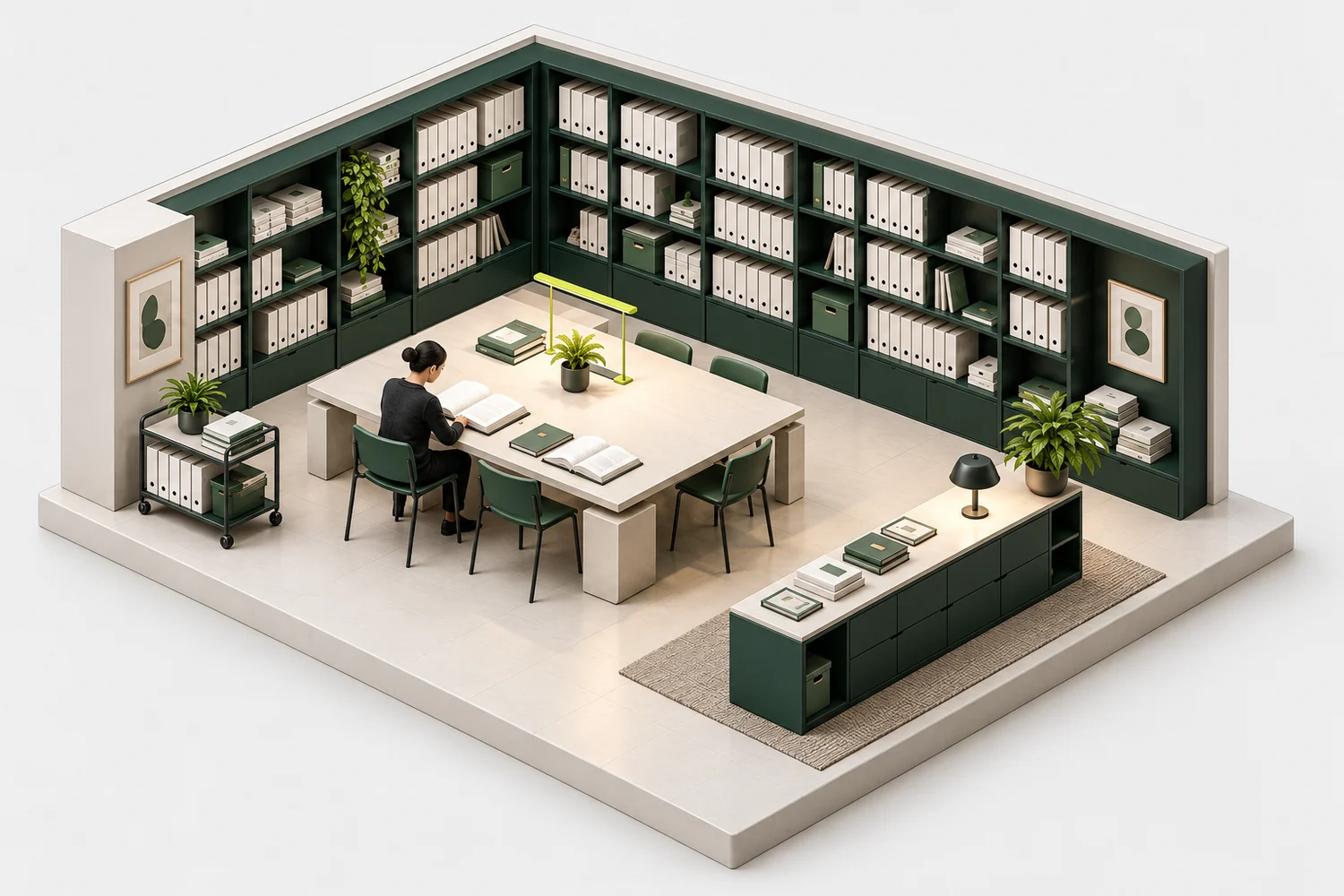 An isometric reference library with forest-green shelves, a reading table and a review counter.