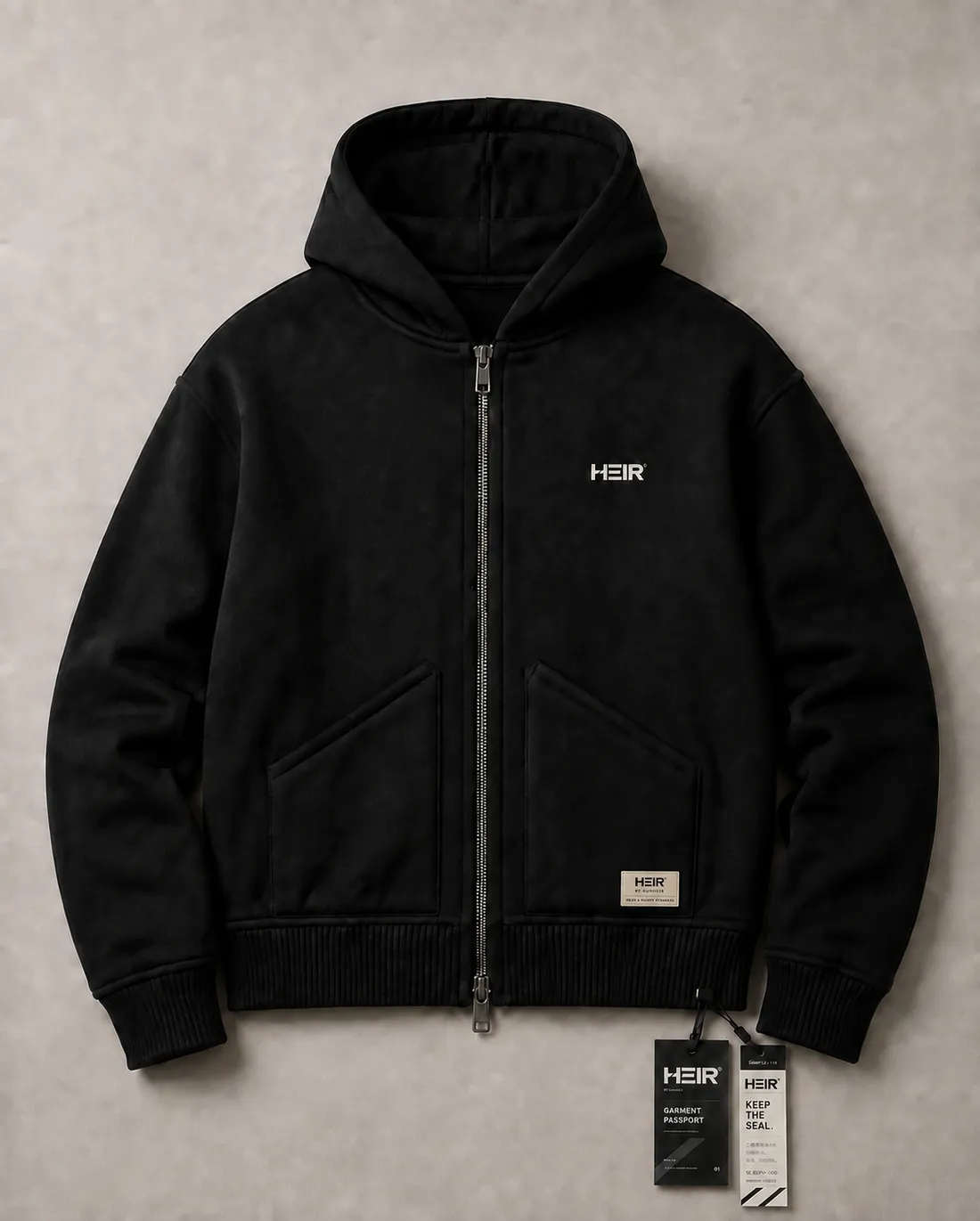 HEIR hooded zip jacket, front, with hang tags