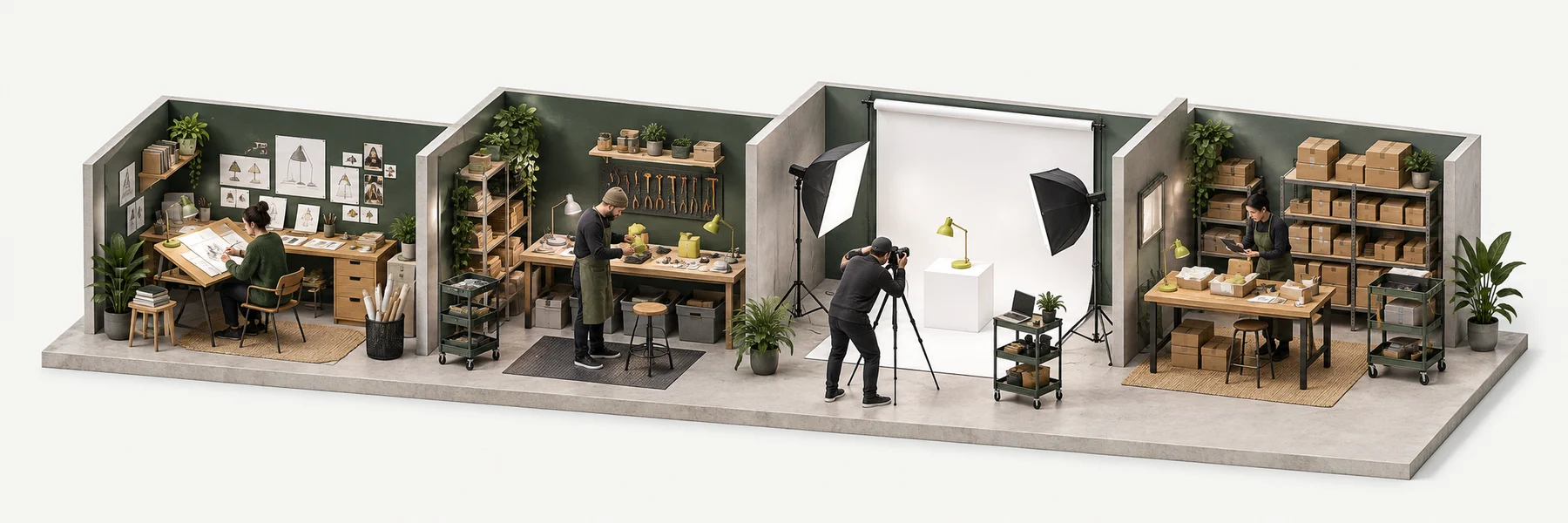 Ilustración de un estudio con zonas de diseño, materiales, fotografía y embalaje